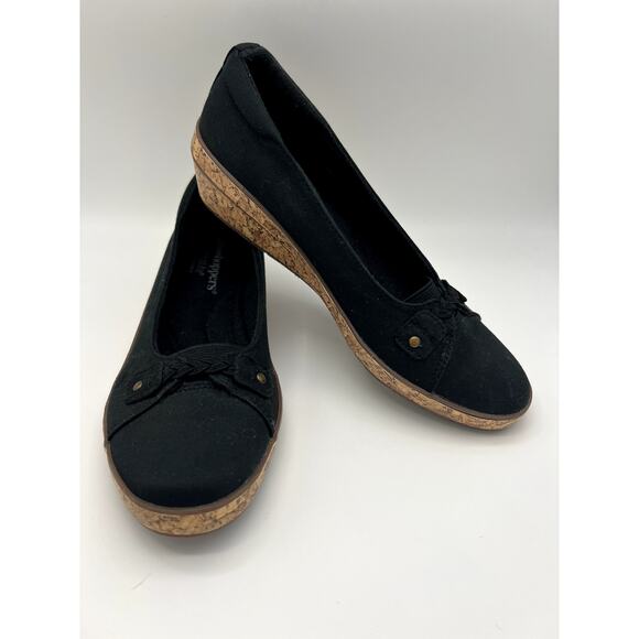 Grasshoppers Ortholite Black Slip On Faux Cork Wedge Comfort Shoes Size 7 1/2 - Picture 1 of 9